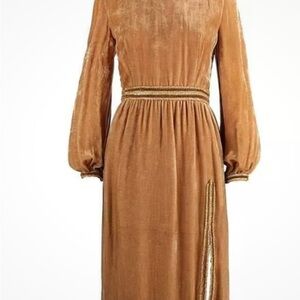 Oscar de la‎ Renta Gold Long Sleeve Gold Velvet Dress with Bishop Sleeves